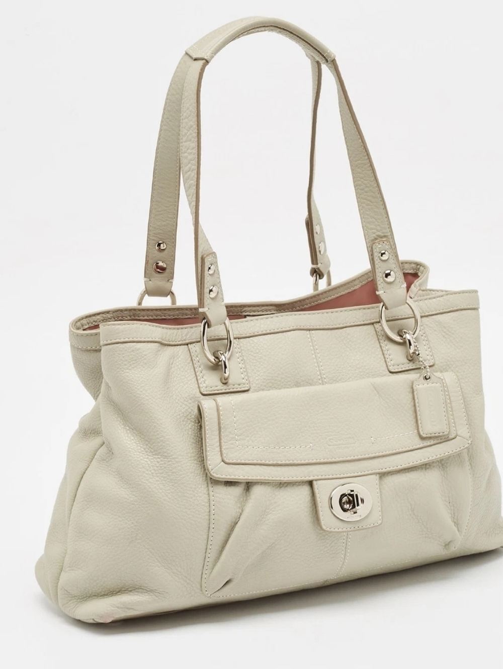 Coach Cream Leather Tote Handbag with Turn-Lock Front Pocket EUC - Picture 2 of 5